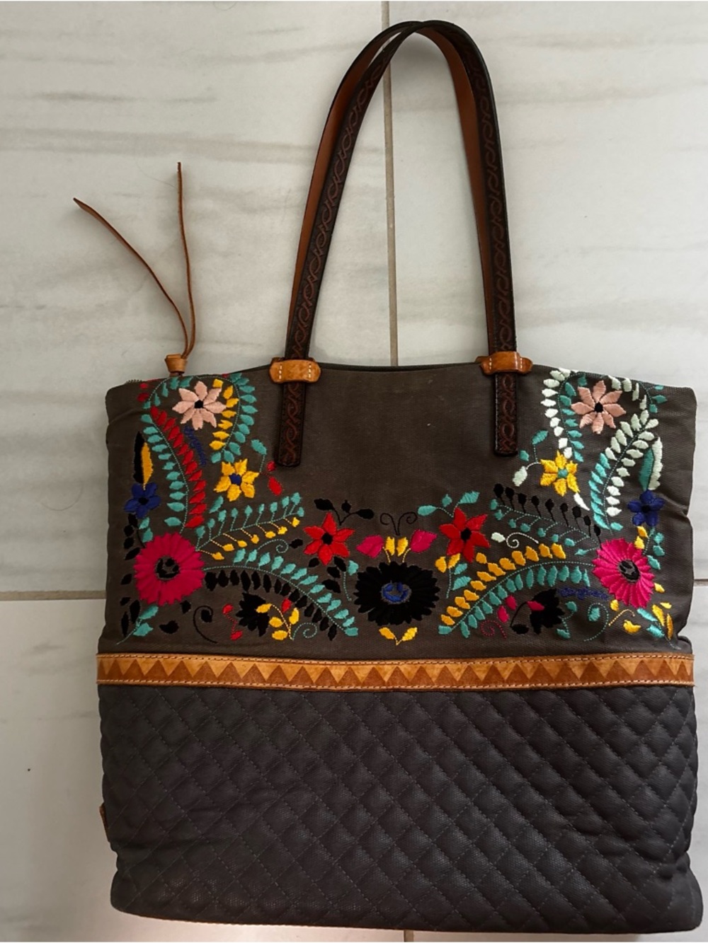 Consuela Brown Embroidered Floral Tote with Multicolor Accents leather trim